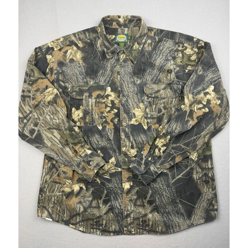 VTG Cabela's USA Made Mens XL Mossy Oak Camo Long Sleeve Button Up Hunting Shirt